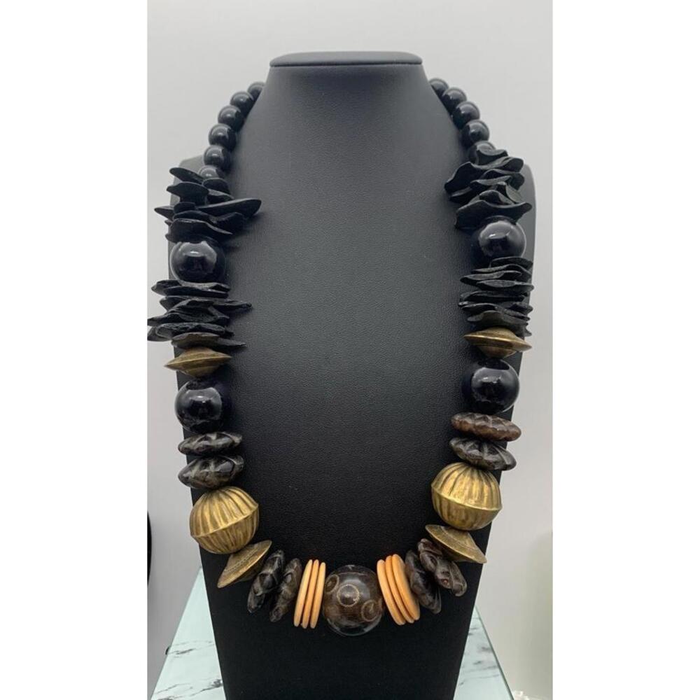Vintage Chunky Boho Artsy‎ Mixed Materials Wearable Art Necklace Signed PN